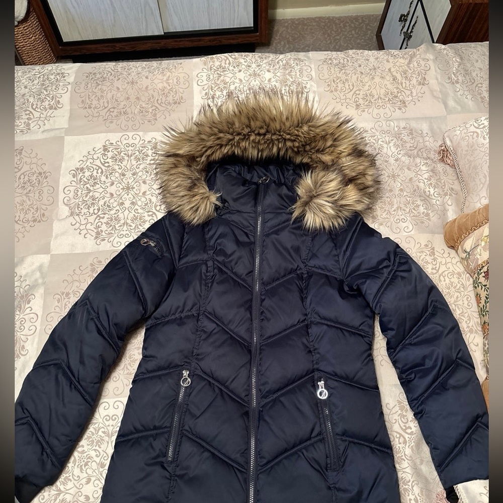 Nautica women’s puffer jacket fur hood navy blue small